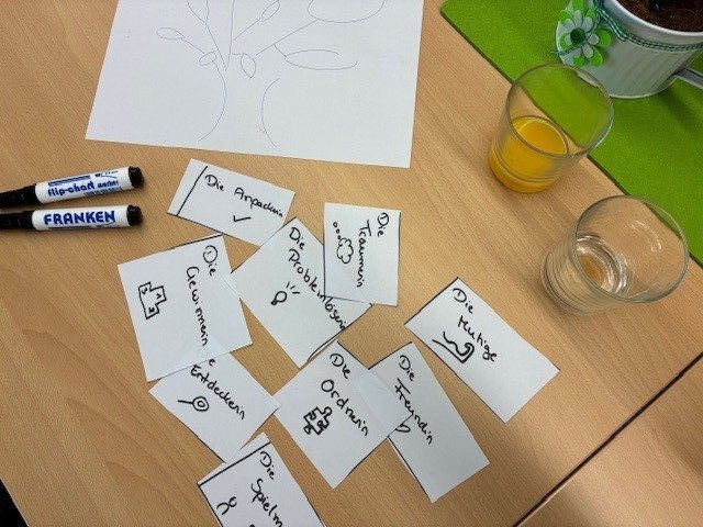 Foto von Kärtchen und Stiften auf einem Tisch zum Workshop "Die Schule ist vorbei - und jetzt?", inklusive Berufsorientierung