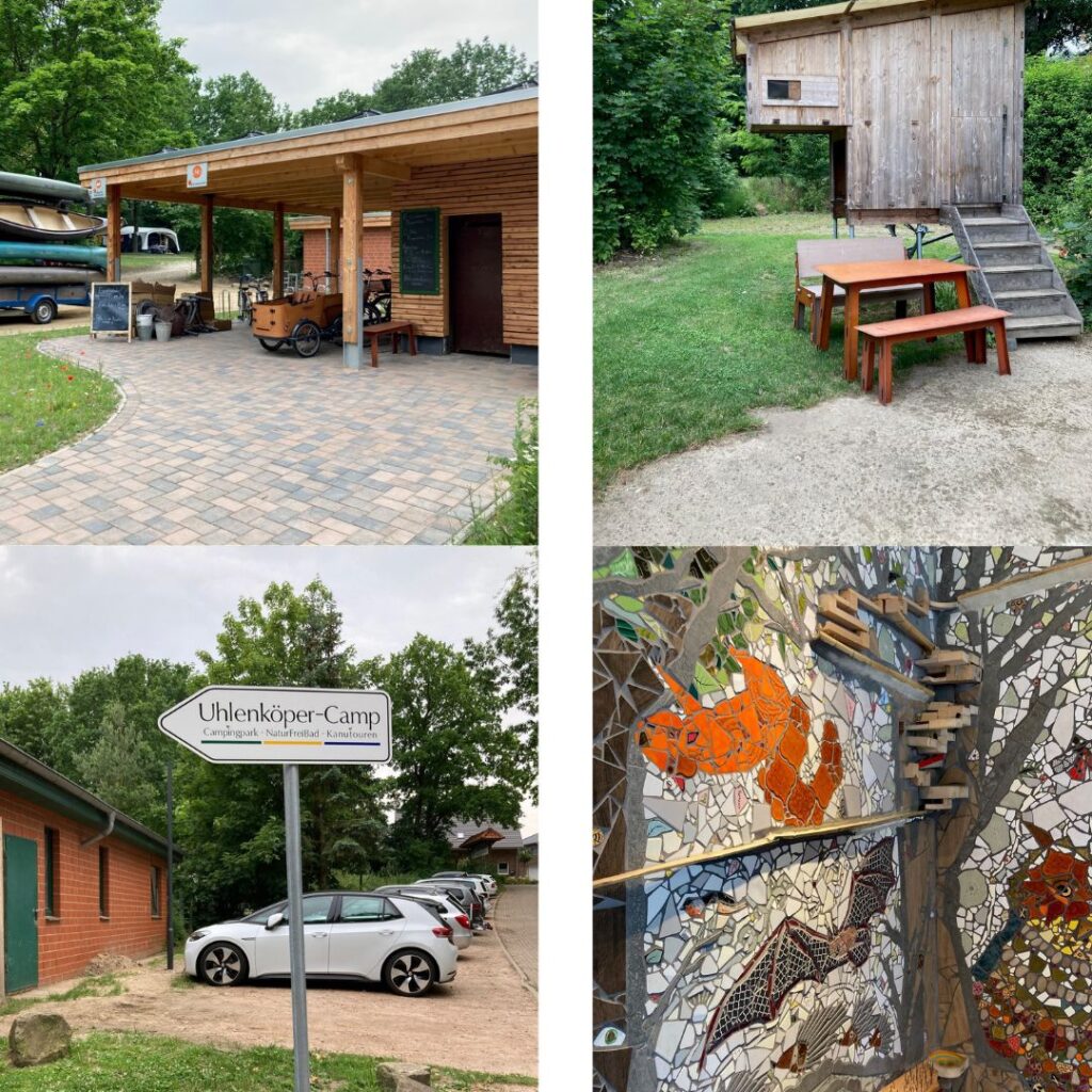 Collage von vier Fotos im Uhlenköper Camp: Rezeptionshaus, Pausenplatz, Parkplatz mit Elektroautos, kreativ gestaltete Wand