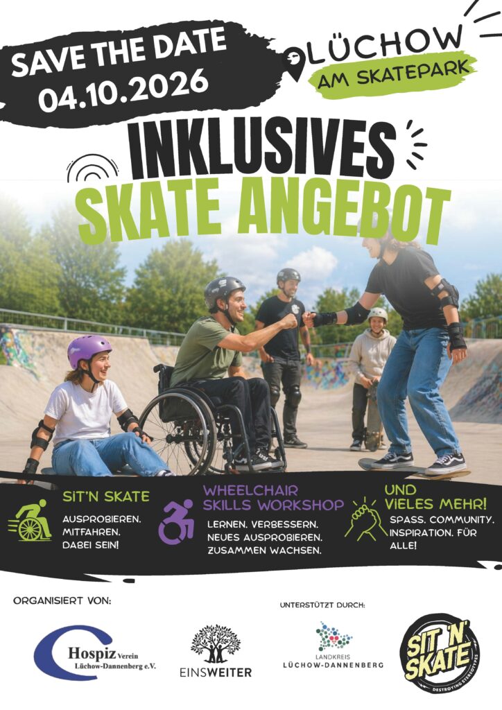 Veranstaltungsflyer für inklusives Skate Angebot am 04.10. am Skatepark Lüchow, abgebildet sind mehrere Skater*innen im Skatepark, eine Person im Rollstuhl begrüßt eine weitere Person auf einem Skateboard per Faustschlag